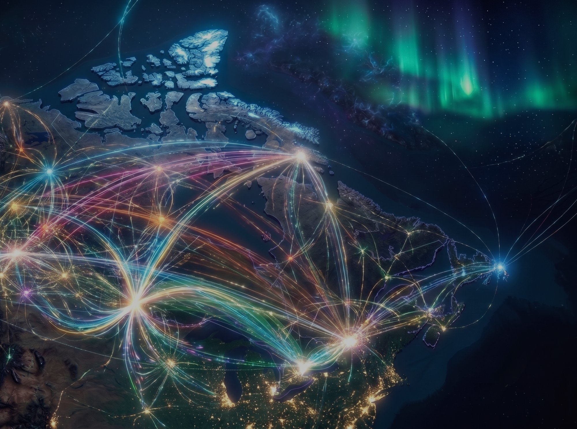 A live signal map of Canada at night, with data connections across major markets