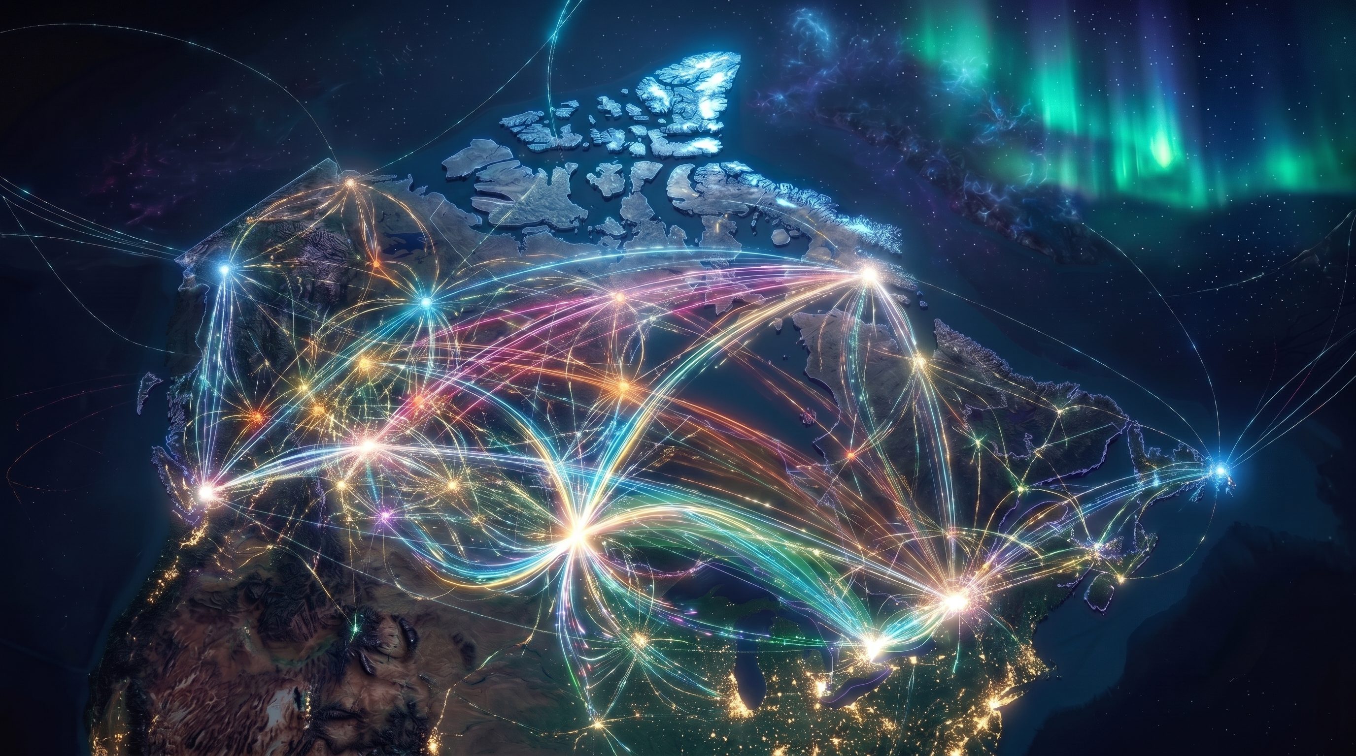 A live signal map of Canada, with pulsing nodes over major markets connected by data lines